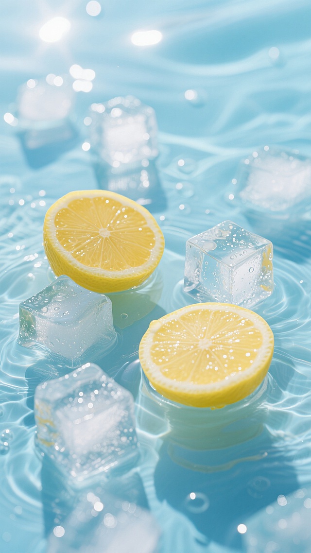 夏日背景，纯净通透的浅蓝色调液体背景，大量棱角分明、表面带有细密气泡和水珠的透明冰块随机分布，两块新鲜饱满的黄色柠檬切片半浸在液体中，柠檬皮边缘清晰可见，整体画面呈现出清凉、水润、透亮的质感，光线从上方柔和洒下，形成明亮的高光和淡淡的阴影，营造出夏日清爽、冰凉的氛围，构图简洁大方，视觉焦点集中在冰块与柠檬的自然组合上，色彩和谐统一，给人以沁人心脾的凉爽感觉。