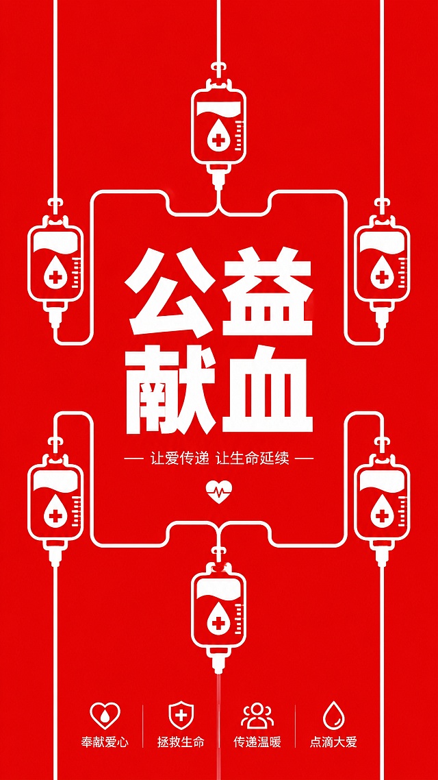 现代感与科技感结合的3D风公益海报，以红色为主调，白色输液袋构成电路状连接，象征生命传递。霓虹灯效果与金属质感线条强化视觉冲击，融合虚拟现实元素，呈现赛博朋克风格的献血主题，传达温暖与科技共生的未来公益理念。