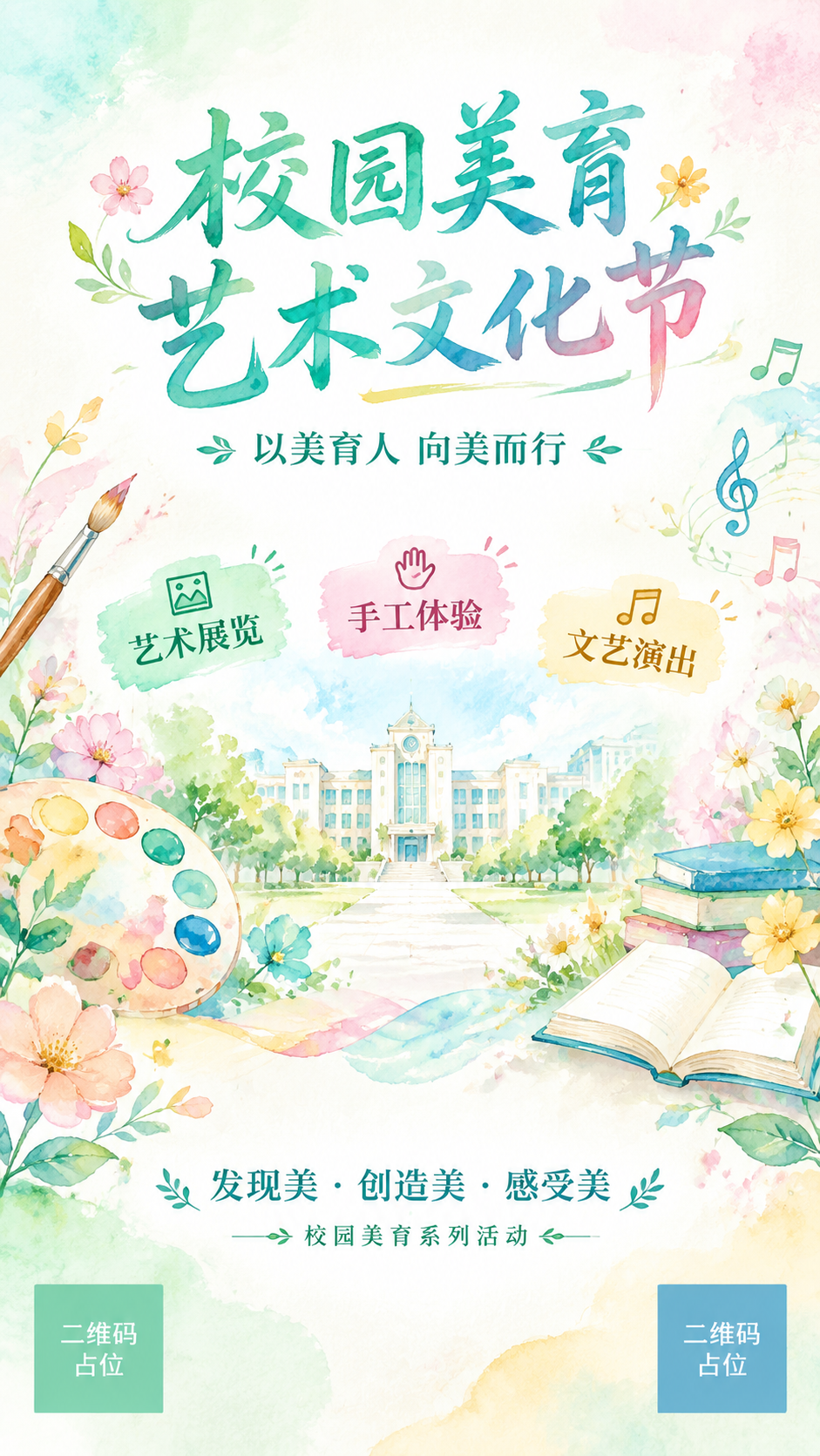 校园美育艺术文化节主视觉海报，手绘水彩风格，清新配色。画面中央… - 图片创意预览