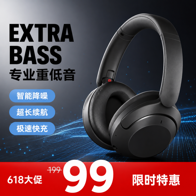 [单张主图] 头戴式无线蓝牙耳机，爆款促销感主图，适配小红书618大促。[画面主体]黑色头戴式蓝牙耳机斜向放置于画面中心，占比约60%，保持产品外观（物理结构、材质质感、颜色）与输入产品图绝对一致，杜预览效果