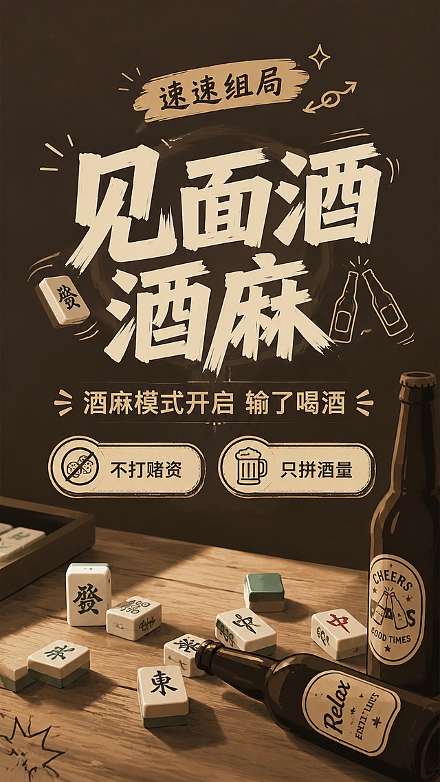 时下热门创意休闲社交海报，简约现代风格，低饱和度深棕色背景，浅木纹桌面散落着麻将和啤酒瓶剪影，版式精美，大标题居中。主标题文字"见面酒麻"，副标题文字"酒麻模式开启 输了喝酒"，卖点文字分别为"不打赌资""只拼酒量"，装饰文字"速速组局"，文字设计简约干净，信息层级分明，整体氛围轻松休闲适合朋友聚会，9:16竖版