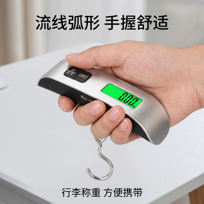 [主图-5] 首衡电子弧形手提秤便携场景展示主图。
[氛围风格] 生活化场景展示，突出便携易用
[画质] 商业摄影质感，场景自然真实，产品清晰突出
[元素] 手掌中握持弧形手提电子秤，展示产品流线弧形预览效果