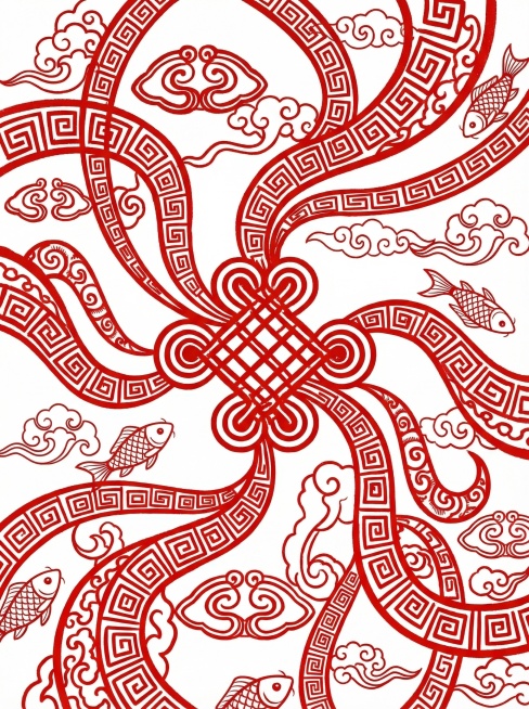 参考图中的中国结和回纹纹样元素，设计一幅中国传统剪纸风格海报，正红色中国结回纹剪纸，纯白色背景，将中国结元素延展创作组合，保留传统剪纸镂空质感，喜庆国风风格预览效果