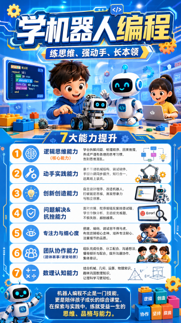 少儿机器人编程培训招生宣传海报，画面上方大标题写着"学机器人编程"，副标题写着"练思维、强动手、长本领"，下方分点列出7大能力提升：1.逻辑思维能力（核心能力）学会拆解问题、梳理顺序、因果推理，养成严预览效果