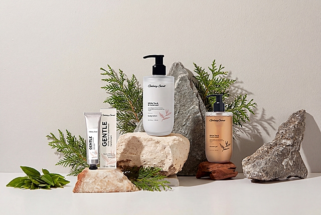 将原图场景中所有原有产品都去掉，原位替换为：图2、图3、图4中这三款护肤洗护产品（图2护手霜、图3身体乳、图4沐浴露），将左边的石头换成少量新鲜绿茶，背景添加雪松元素。
用新产品的真实物理结构完全覆盖原有产品区域，打破旧物轮廓束缚，保持新产品真实比例，严禁挤压变形。新产品完全继承原图对应位置的底部接触点和摆放构图，继承原图的镜头高度、透视角度，严禁漂浮偏移，与背景空间完美融合。仅替换指定内容，保持原图整体布局不变。重置光影，添加自然接触阴影，完美消除新产品边缘白边，融入环境。画面自然真实，严格锁定宽高比为 3:2，4K分辨率。