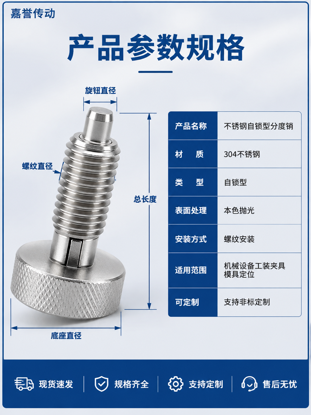 工业风格电商详情页参数规格页（最后一张）。浅灰色渐变背景，深蓝… - 图片创意预览