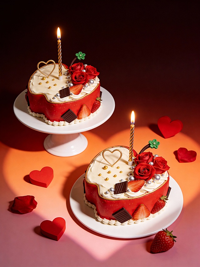 温馨氛围感商业美食摄影风格，画面以深邃暖棕为背景底色，搭配渐变粉橙的桌面，整体色调温暖浓郁且富有层次。

采用平视略俯视的视角，两个主体分别置于画面左上和右下的白色圆盘之上，其中一个主体放在高脚蛋糕架上，另一个放在平盘上，呈自然直立角度，大小适中且错落有致。
主体占画面比例30%，主体上装饰有点燃的螺旋蜡烛、爱心造型装饰与金色糖珠，周围散落红色立体爱心道具、玫瑰花瓣、一颗草莓。

背景运用光影投射出柔和的爱心形光笼罩主体，采用侧逆光结合局部补光，营造出明暗对比强烈的戏剧感，主体与浪漫温馨的场景融为一体，充满甜蜜仪式感。