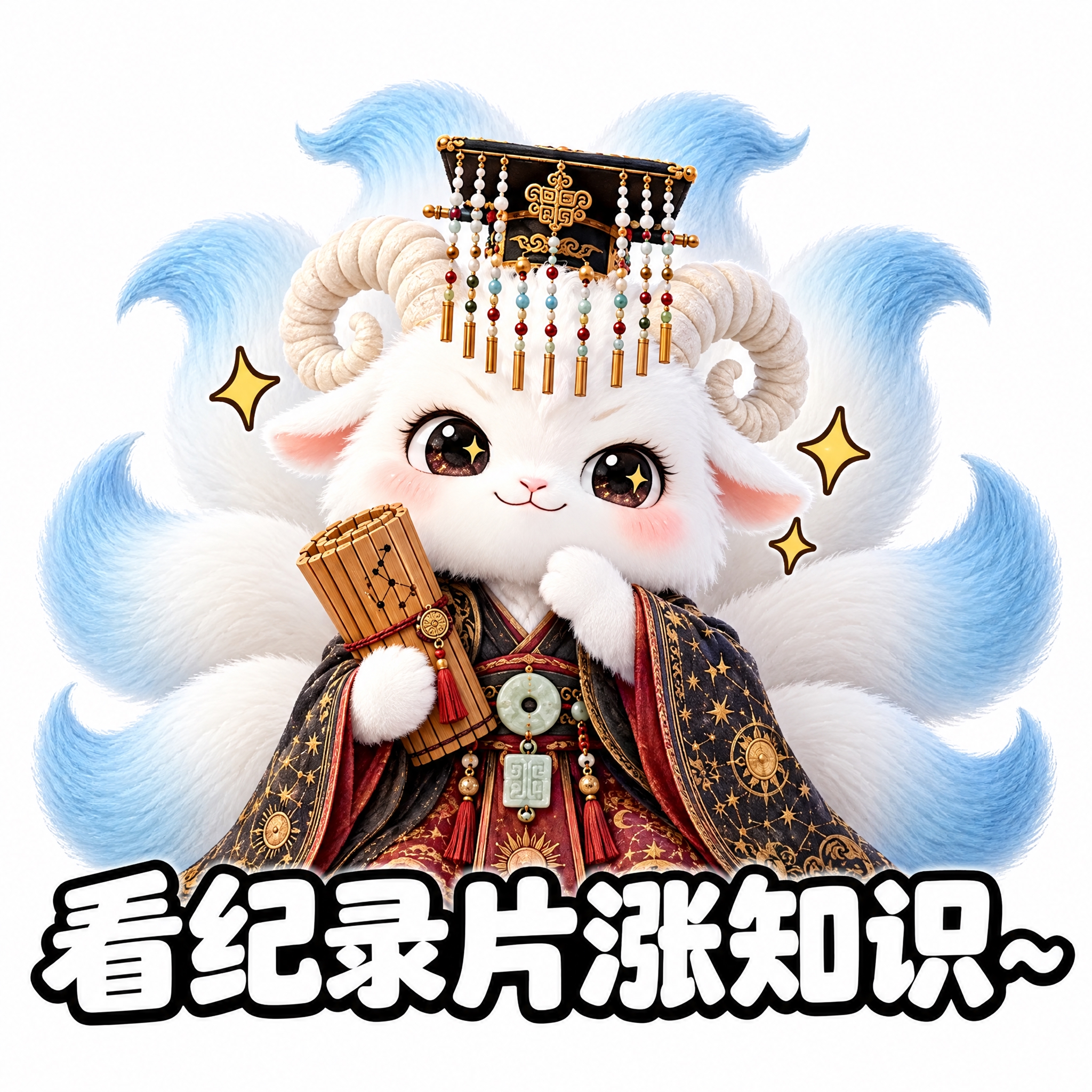 参考图中的白色九尾羊神兽（穿星象汉服、戴冕旒冠、持竹简），做成… - 图片创意预览