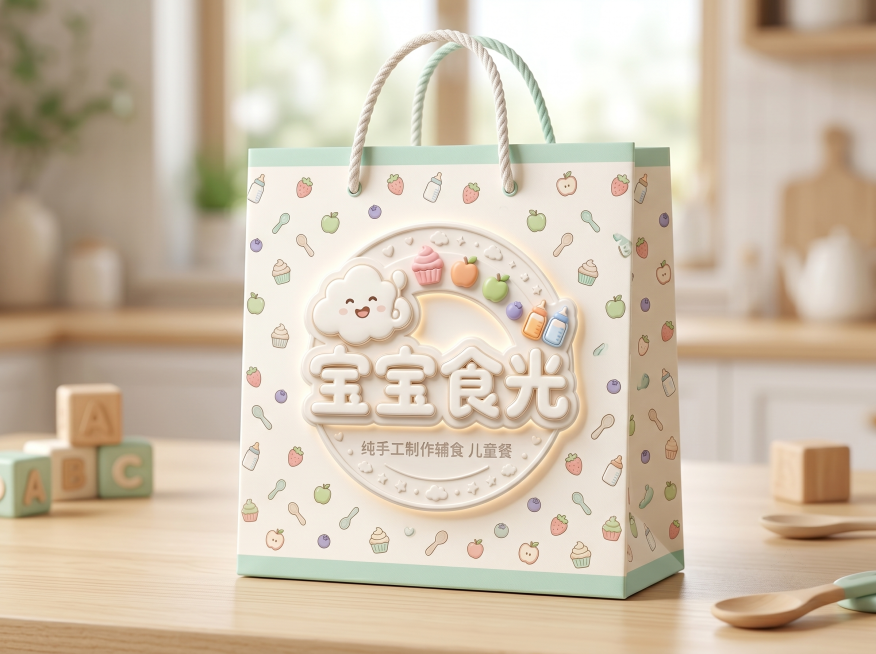 将提供的"宝宝食光"LOGO放在外卖包装袋上，包装袋色调以奶白色和薄荷绿为主，添加可爱辅食相关元素如水果、小蛋糕等装饰，整体风格温馨清新，适合宝宝辅食外卖包装。预览效果