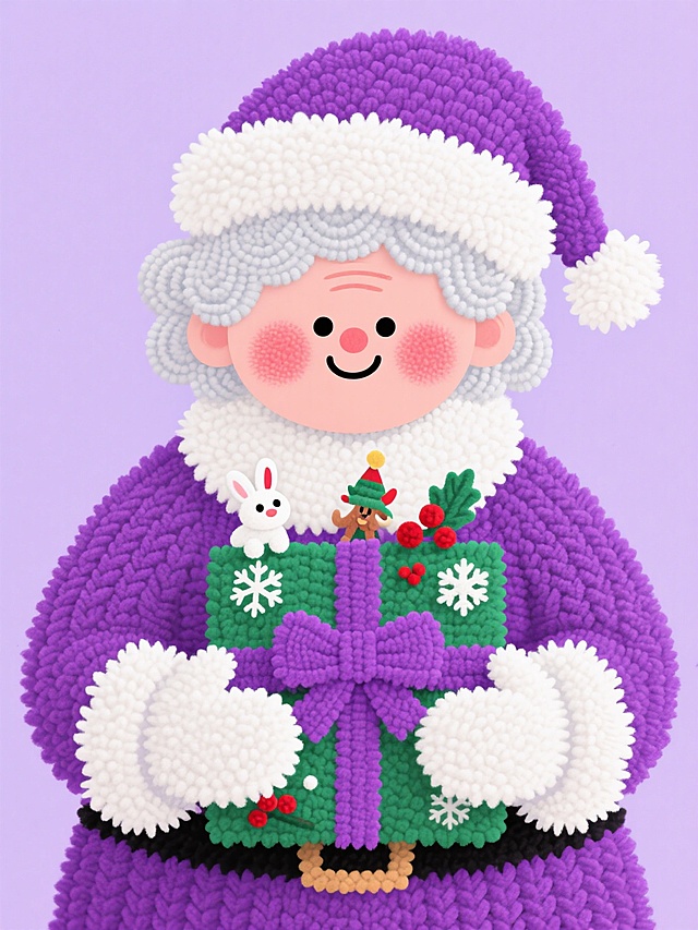 紫色圣诞老人怀抱礼物，刺绣风毛线质感，融合卡通与轻拟物设计，喜庆可爱，节日氛围浓厚。