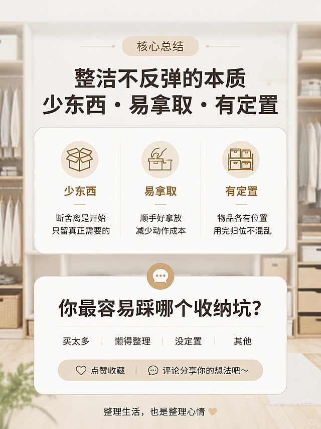 [第5屏] 小红书收纳干货结尾总结页，核心总结+互动提问。
[氛围/风格] 延续清新治愈家居风，简约大气，和整套图文风格统一，收尾干净清爽。
[元素布局] 上半部分为核心总结区，下半部分为互动提问区，背景搭配整体整洁的衣柜全景图，浅景深突出文字信息。
[光影质感] 整体均匀柔和光线，背景略微虚化突出前景文字，文字对比清晰，阅读舒适。
[配色色系] 全局底色 #F5F5F0，主色深灰文字，辅助色浅木色，和整套图文配色保持一致。
[视角构图] 正面平视，从上到下总结到互动，自然引导阅读，留白充足不拥挤。
[文字版式] 上方核心总结加粗：「整洁不反弹的本质 少东西・易拿取・有定置」，下方互动语加粗深色：「你最容易踩哪个收纳坑？」，文字大小对比清晰，层级明确，手机端可读。
[比例分辨率] 宽度1080px，高度1440px，4K 分辨率，文字清晰可辨，高清画质。
[负向提示词] 文字错乱，文字过小，背景杂乱，颜色刺眼，变形，水印，文字遮挡主体，排版拥挤。