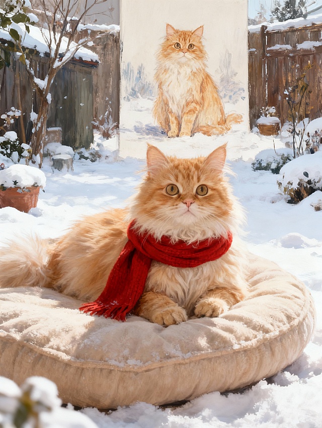 写实摄影风。画面主视觉是戴着红围巾的宠物与宠物画像合影。画像为写实风全身像，像用手指画在雪地上。宠物神态可爱，冬日庭院场景。