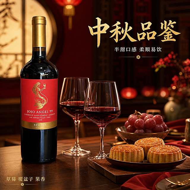 [主图-4] 中秋品鉴场景图，营造节日团聚饮用氛围，增强代入感。将产品放入中秋家宴餐桌场景，保持瓶身外观与原图一致。
[统一基调] 整体风格为真实商业摄影质感，低Ai感，中秋节日氛围，背景主色为深红与暖金渐变，标题字色为烫金色，辅助字色为米白色，强调色为中国红，字体为大气衬线体，字号层级分明，卡片采用细金边装饰。
[画面] 温馨的中秋家宴餐桌场景，深木色餐桌上摆放着JOJO ANGEL 99红葡萄酒一瓶，旁边有两只盛有红酒的高脚杯，杯中酒液呈宝石红色。桌上还摆放着精致的月饼、一小盘葡萄和红色餐巾，背景是虚化的中式餐厅环境，有朦胧的红色灯笼光晕和圆月窗影，营造浓厚中秋氛围。酒瓶位于画面偏左位置，完整展示正面酒标，占画面约35%。产品与场景融合自然，光影统一。瓶身外观与输入图完全一致。
[光影质感] 暖色调室内灯光质感，主光柔和偏暖，桌面物品有自然投影，酒杯有通透反光，酒液色泽诱人，整体氛围温馨浪漫，像真实的节日家宴场景。
[配色] 主色调为暖木色、酒红色、金色、月饼的金黄色，整体暖色调，温馨喜庆，符合中秋节日氛围。
[文字版式] 画面右上角烫金色主标题"中秋品鉴"，下方米白色小字"半甜口感 柔顺易饮"，左下角有金色小字"草莓 覆盆子 果香"。文字放在画面角落，不遮挡餐桌主体场景。
[输出要求] 1:1正方形，2K分辨率，场景真实自然，产品清晰，氛围浓厚，低Ai感。禁止出现礼盒、贺卡。禁止变形、错字、模糊、水印、平台Logo。禁止出现人物面部和手部。