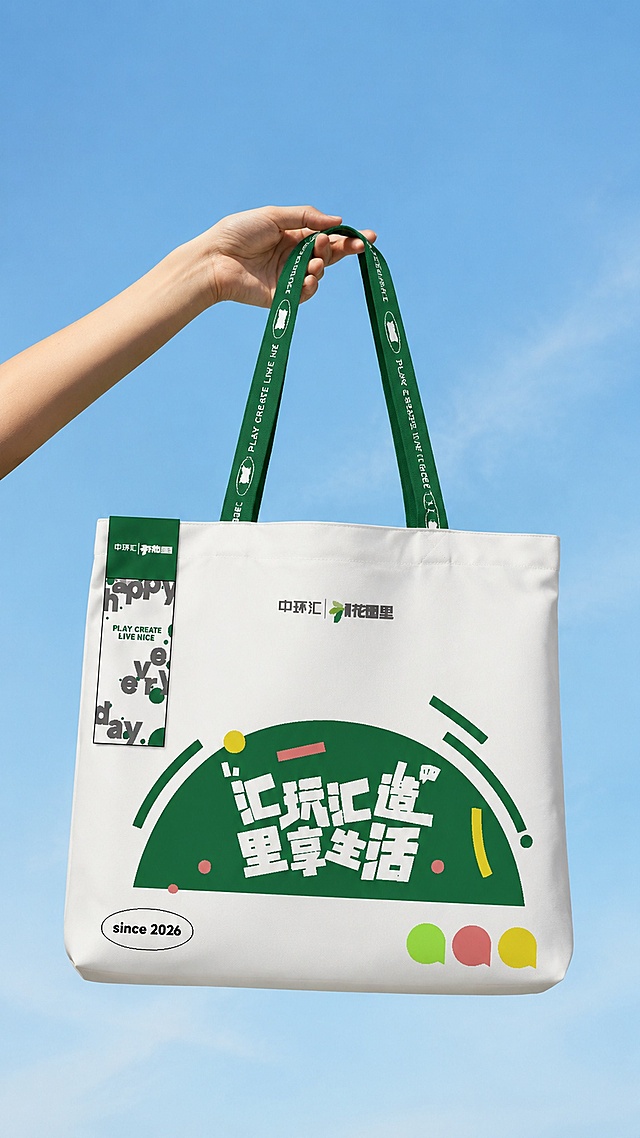 参考图1的风格，为图2的帆布袋设计稿生成实物手提效果图，背景为干净的浅蓝天空，去掉背景上所有文字，只保留帆布袋本身，保留图2的图案和文字设计不变，呈现手提着帆布袋的效果