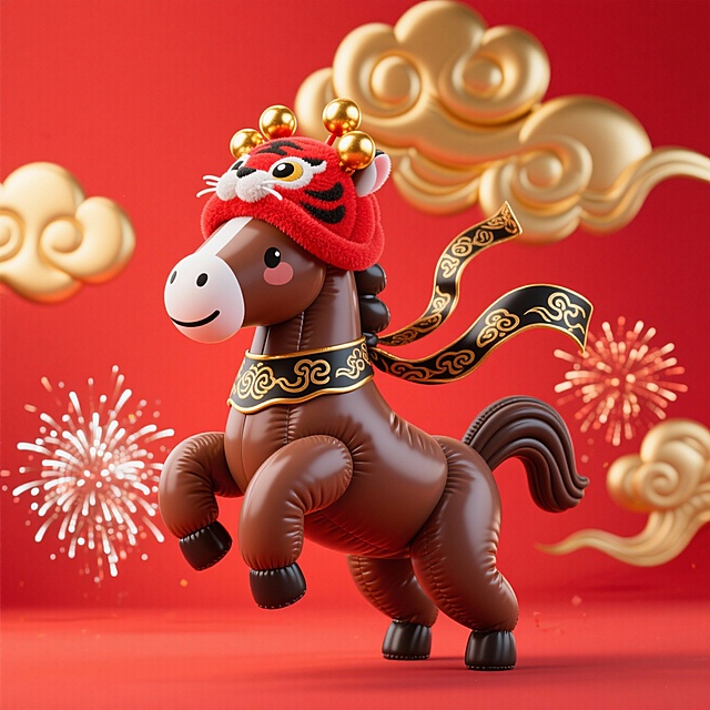 深棕色小马，后蹄蹬地、前蹄高举，头顶戴缀金绒球的红绒虎头帽，颈间系绣祥云的黑金绸缎飘带。纯正红背景，点缀鎏金祥云纹与炸开的银白烟花，年味浓郁。