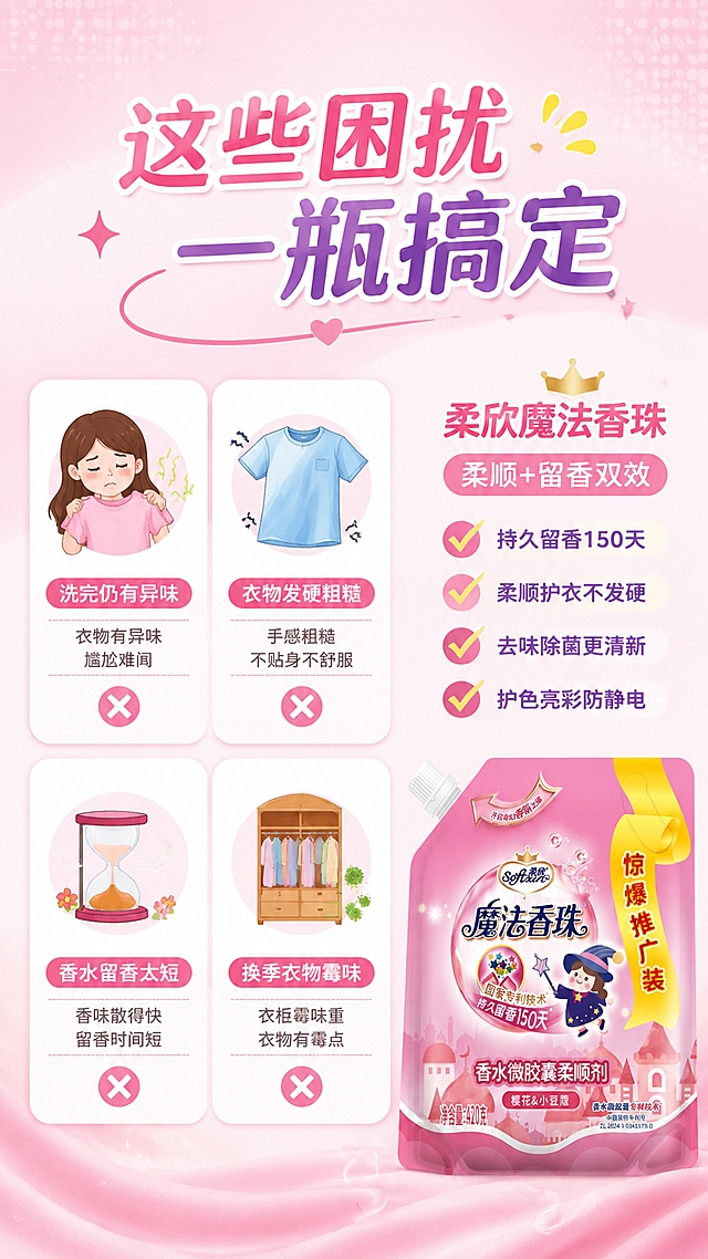 [第7屏] 适用人群-衣物护理困扰匹配。本屏使用【图1】作为产品展示，置于右下角。
[氛围/风格] 亲切种草风，卡片式布局，痛点共鸣，商业信息图风格。
[元素布局] 画面左侧为四张困扰卡片，2x2排列；每张卡片上方是困扰图标，下方是文字说明；卡片1：衣服洗完有异味（图标：皱眉+臭气味线）；卡片2：衣物发硬不贴身（图标：僵硬衣物）；卡片3：香水留香时间短（图标：沙漏+香气）；卡片4：换季衣物有霉味（图标：衣柜+霉点）；右下角放置产品袋，占比约25%；背景为浅粉色渐变，带有柔和圆点装饰。
[光影质感] 整体明亮均匀，卡片有轻微阴影增加层次感，产品清晰突出。
[配色色系] 全局底色 #FFF8FA；主色粉色、玫红；辅助色浅灰、白色卡片、黄色对勾。
[视角构图] 平视，左侧卡片矩阵为视觉主体，阅读动线上标题 → 左卡片矩阵 → 右下产品解决方案。
[文字版式] 版式为顶部主标题 + 左侧困扰卡片 + 右下产品解决方案。主标题「这些困扰 一瓶搞定」；四张卡片分别标注：「洗完仍有异味」「衣物发硬粗糙」「香水留香太短」「换季衣物霉味」；产品旁配文字「柔欣魔法香珠 柔顺+留香双效」和四个对勾卖点；文字清晰易读。
[比例分辨率] 9:16 竖版比例，4K 分辨率，文字清晰可辨，高清画质。
[负向提示词] 产品变形，包装文字错乱，水印，文字过小，图标丑陋，颜色偏差。