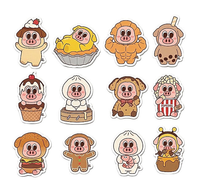 将图中的2D小猪IP形象制作成带白色边框的贴纸效果，每个形象保留独立白边，白色背景