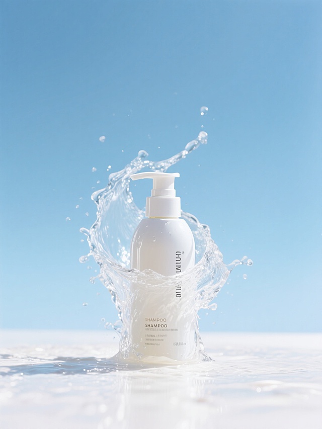 一瓶洗发水产品特写，被包裹在一股泼溅的水中（从地面泼溅而起，激起水花，水花晶莹剔透，折射着光线），背景是蓝天