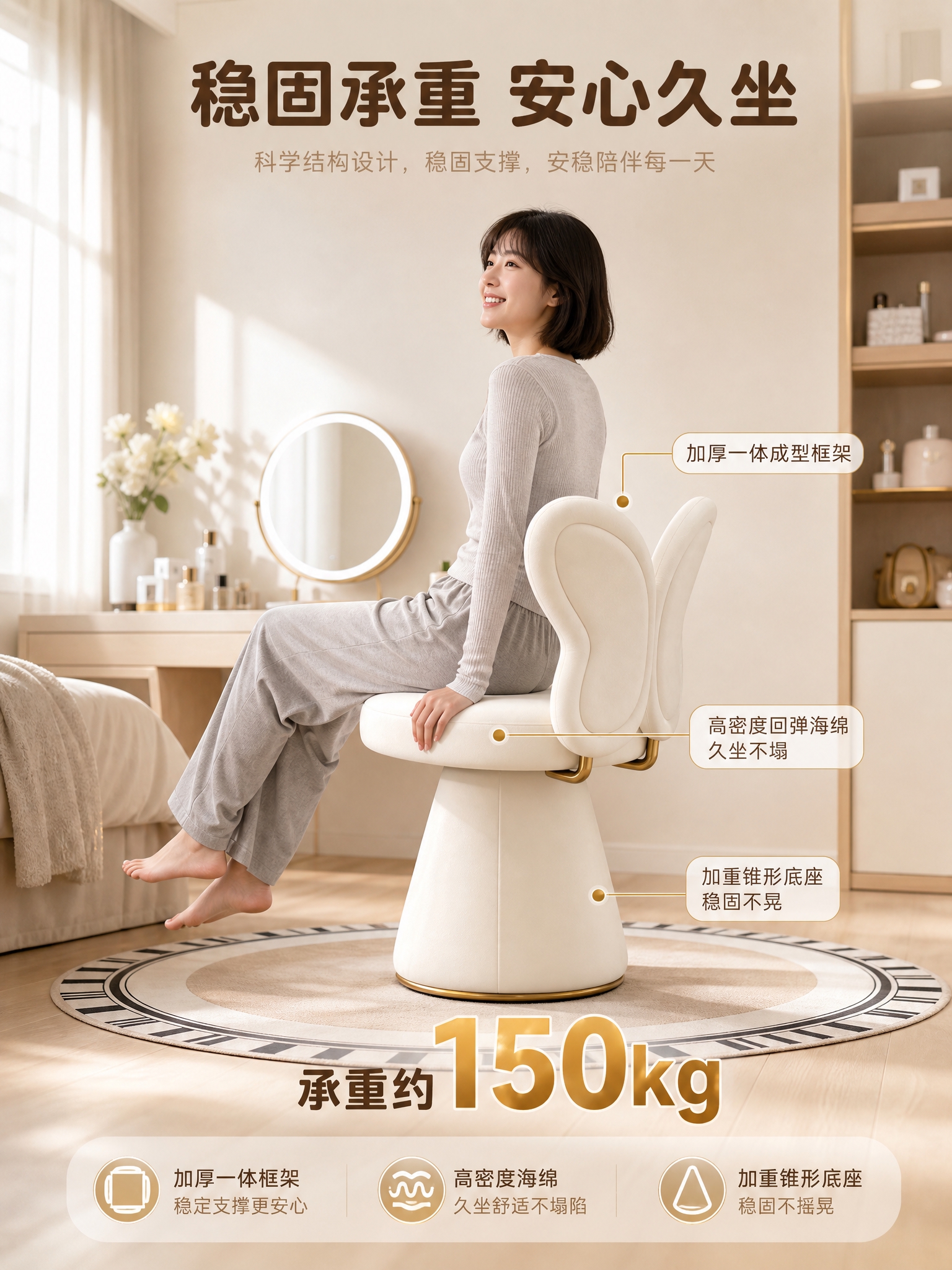 [主图-4] 承重与稳固性主图，展示蝴蝶化妆椅的强承重能力和稳… - 图片创意预览