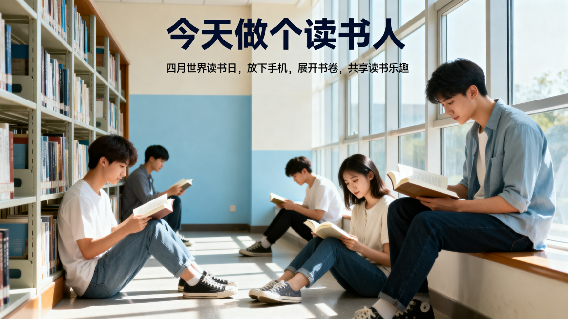 世界读书日校园宣传图，安静明亮的大学校园图书馆，学生们围坐在书架旁安静阅读，阳光透过落地窗洒在书页上，主标题"今天做个读书人"，副标题"四月世界读书日，放下手机，展开书卷，共享读书乐趣"，整体风格清新预览效果