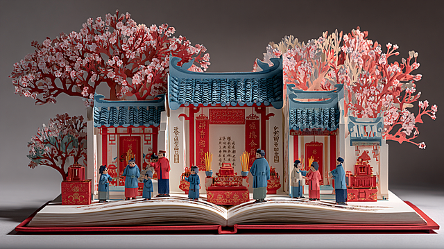 New Chinese paper-cut art style, 3D pop-up book unfolding effect, core scene is traditional Minnan ancient house New Year custom of ancestor worship and blessing, overall symmetrical composition. The main body of the picture is an open off-white pop-up book, with red walls and blue-tiled Chinese ancient house buildings carved on the inner pages, with upturned eaves, hanging large red lanterns and Chinese knots. On the left is a paper-cut tree full of pink plum blossoms, on the right is a Chinese-style gatehouse; in the middle is an altar with incense burners and offerings, with red Spring Festival couplets that read "接福迎祥" and "迎神纳福". Inside the pop-up book, there are multiple paper-cut figures dressed in red, blue, and beige traditional costumes, with different postures, some kneeling to pray, some holding incense candles, and some children playing. The background is a pure Chinese red gradient with delicate textures, the overall light and shadow are soft, the edges are sharp, the paper-cut has a strong sense of layering, full of a strong New Year festive atmosphere, Chinese aesthetics are full, 8K high definition, rich details