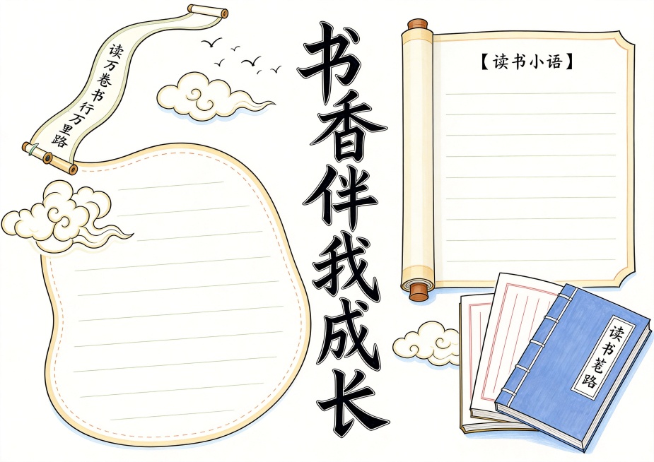 重新生成一张画面更简单的“书香伴我成长”读书主题手抄报，保留整体国风风格，减少元素数量，简化构图，预留更大文字书写区域，保持白底浅色彩马克笔手绘风格，适合小学生预览效果