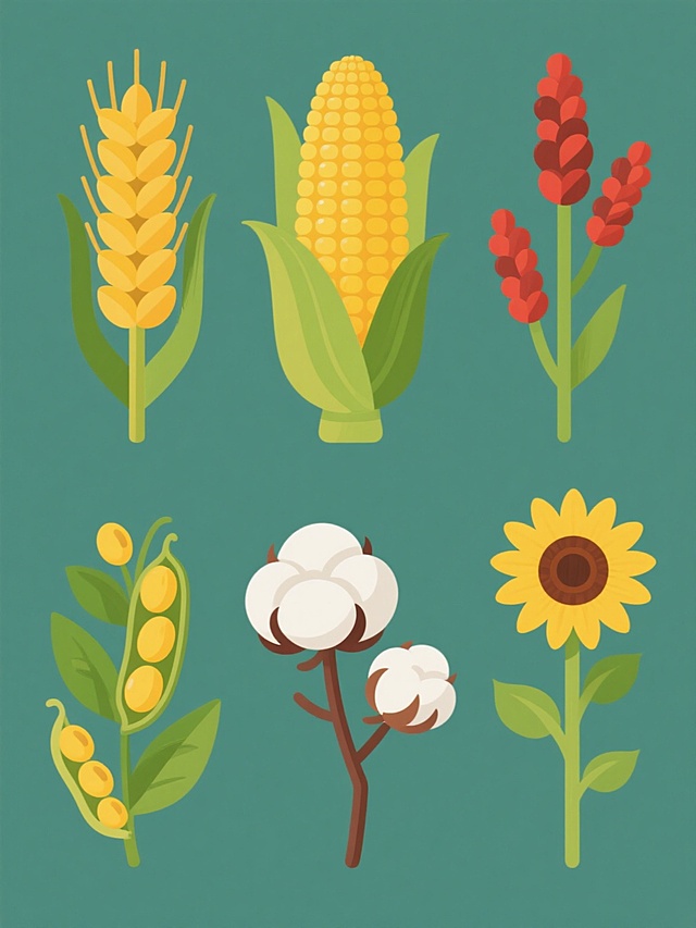 六个规整排布的农业作物插画集合，保持统一的扁平风格、清晰的轮廓线条、平滑的渐变色彩和简约的设计感，每个作物独立置于纯色背景上，元素包括饱满的麦穗（金黄色穗粒与绿色麦秆）、饱满的玉米棒（黄色颗粒与绿色外壳）、饱满的高粱穗（红色穗头与绿色茎秆）、饱满的大豆枝（黄色豆荚与绿色叶片）、饱满的棉花团（白色棉絮与绿色枝干）、饱满的向日葵（黄色花盘与绿色花茎），整体画面色彩明快，各元素形态写实且富有立体感，整齐排列形成系列感。