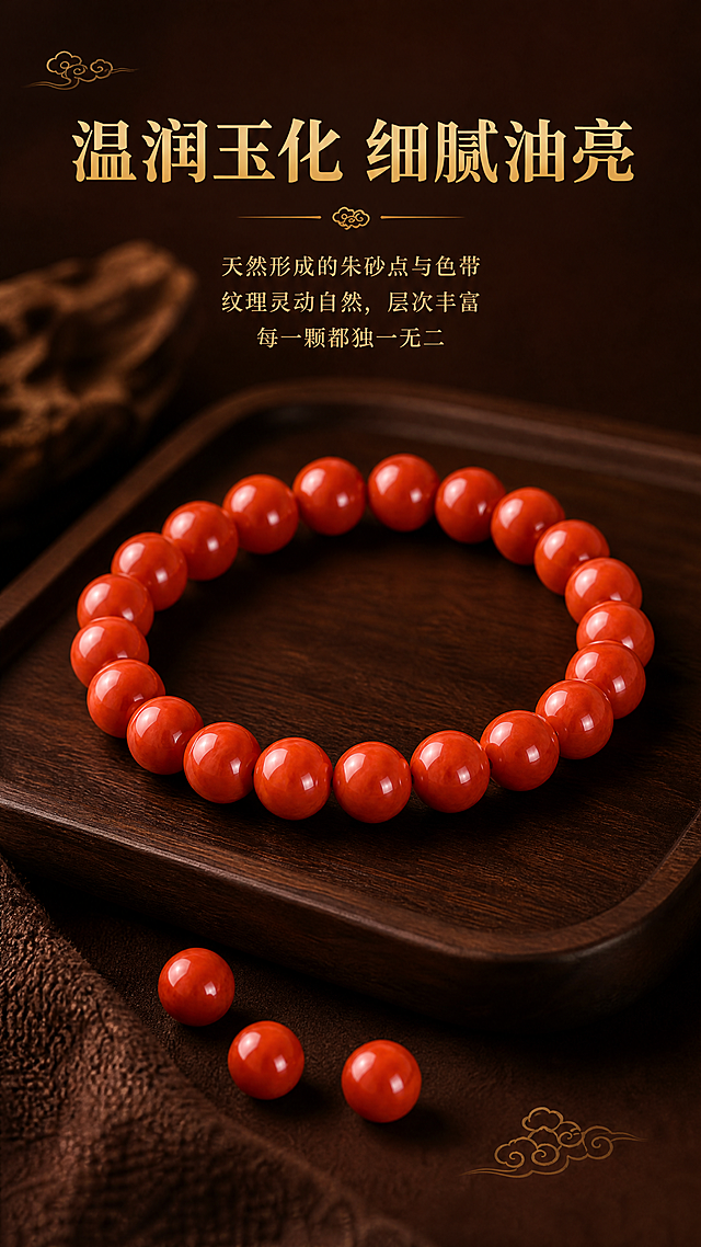 [第3屏] 成品手串细节展示页。风格保持和前面一致：深棕色背景，金色文字，中式简约风格，颜色和前两屏统一。画面主体展示用南红散珠串好的成品手串，手串放置在木质珠宝托盘上，保留几颗单独散珠作为点缀，大部分以成串形式呈现，不单独展示散珠。保持南红散珠满肉满色柿子红的颜色和质感与原产品图一致。光影：柔和暖光突出手串温润光泽，和整体风格统一。文字版式：标题「温润玉化 细腻油亮」，下方小字展示南红天然纹理特点，排版简约不遮挡手串主体。比例分辨率：9:16竖版比例，4K分辨率。负向提示词：珠子颜色错误，手串结构变形，配色和整体风格不符，水印。