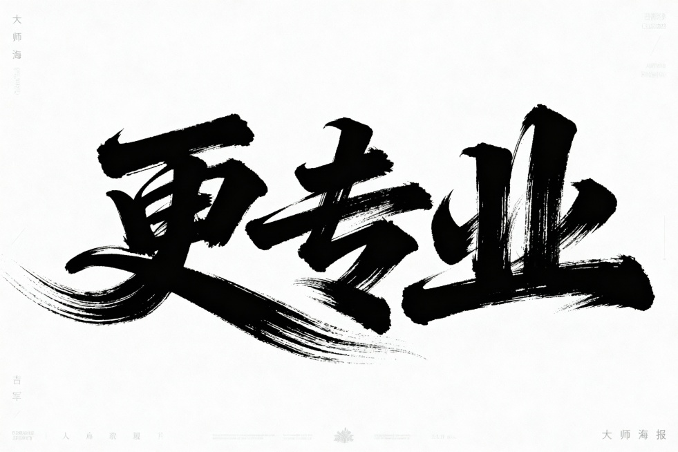 书法字体海报，主体为“更专业”四个草书汉字，草书字体狂野奔放，视觉张力富有动感，超粗笔画流畅飘逸，笔画巧妙延长变形，带有飞白效果，笔画流畅潇洒，白底黑字，横式排版。整体呈现大师海报作品风格，电影海报视预览效果