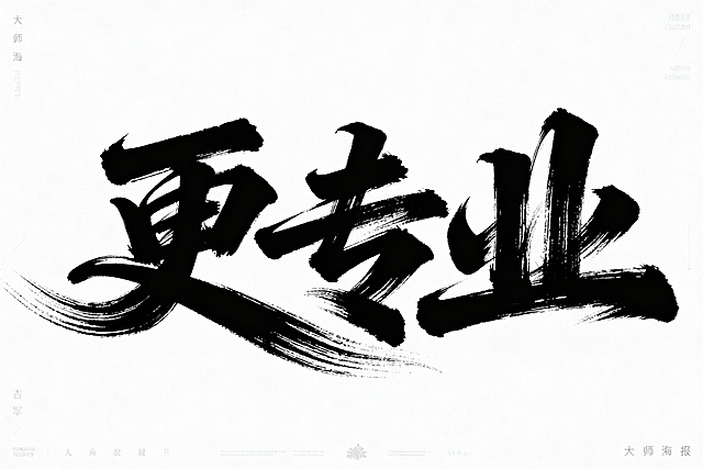 书法字体海报，主体为“更专业”四个草书汉字，草书字体狂野奔放，视觉张力富有动感，超粗笔画流畅飘逸，笔画巧妙延长变形，带有飞白效果，笔画流畅潇洒，白底黑字，横式排版。整体呈现大师海报作品风格，电影海报视觉效果