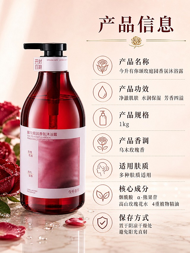 [主图-5] 产品信息与规格展示图，清晰呈现产品名称、功效、规格、香调、适用肤质、核心成分等完整信息，辅助用户决策。
[统一基调] 整体风格为高级自然植萃香氛风，背景主色为渐变奶油米色+浅粉色，标题字色为深酒红色，辅助字色为深棕色，强调色为香槟金。字体样式为优雅细衬线体，字号层级分明，信息条目用玫瑰金小图标引导。
[画面] 产品瓶身置于画面左侧，占画面约45%，正面微侧视角，放置在浅米色大理石台面上，台面散落几片新鲜玫瑰花瓣和水滴，背景为柔和的浅粉米色渐变。右侧为产品信息区，用竖向排列的信息条目呈现，每个条目左侧有对应的玫瑰金简约线性图标：玫瑰图标对应产品名称：今升有你颂玫庭园香氛沐浴露；水滴图标对应产品功效：净澈肌肤 水润保湿 芳香四溢；瓶子图标对应产品规格：1kg；玫瑰图标对应香调：乌木玫瑰香；人像图标对应适用肤质：多种肤质适用；叶子图标对应核心成分：烟酰胺 α-熊果苷 高山玫瑰花水 4重植物精油；盾牌图标对应保存方式：置于阴凉干燥处 避免阳光直射。信息区顶部有细金线装饰和小玫瑰图标，整体排版优雅有序。
[光影质感] 商业摄影质感，柔和影棚柔光，瓶身有通透液体质感和细腻高光，大理石台面有柔和倒影，整体光影干净柔和，高级温馨。
[配色] 主色调奶油米色+浅粉色+玫瑰酒红+香槟金，整体温柔高级，干净舒适。
[文字版式] 主标题“产品信息”位于画面右上方，深酒红色大字号细衬线体，下方有细金线装饰。产品名称文字稍大加粗，其余信息条目文字为深棕色中等字号，清晰易读。图标与文字左对齐排列，间距均匀。
[输出要求] 比例3:4，文字清晰无错字，产品清晰不变形，画面干净高级，无水印无平台Logo，禁止变形、模糊、杂乱、穿模。