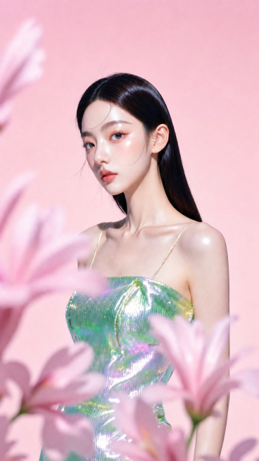 参考原图，将浅蓝色背景修改为粉色背景，保持人物和前景粉色花朵不变，整体光影和风格保持一致预览效果