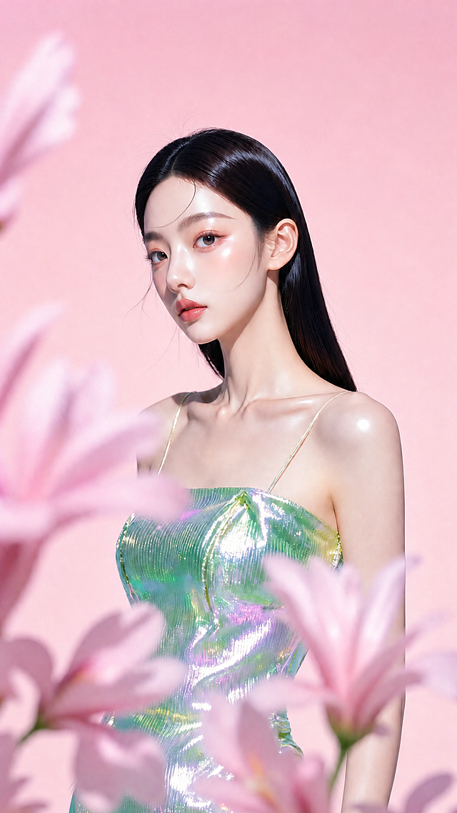 参考原图，将浅蓝色背景修改为粉色背景，保持人物和前景粉色花朵不变，整体光影和风格保持一致