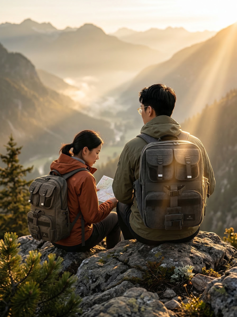 男女模特背着深灰色帆布双肩包,清晨登山场景,第一缕阳光照亮背包轮廓,突出背包轻量化设计,展现防水帆布面料质感,户外探险风格,电影感光线,浅景深效果,史诗感氛围,保持背包原品牌Logo"MATIN"文字预览效果