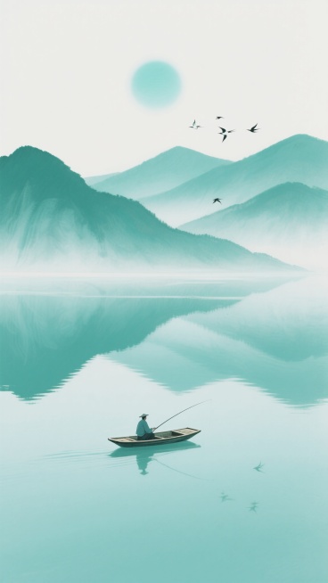 中国水墨画风格，整体色调改为青绿色系，以青色为主色调，搭配淡雅的绿色和少量白色，营造宁静清新的氛围。画面上方是一轮柔和的青色太阳，散发着淡淡的光晕。远处的山峦呈现出深浅不一的青绿色，轮廓简洁而富有层次感。近处的水面平静如镜，清晰地倒映出山峦和天空的景象，水面泛着青色的微光。一叶扁舟上坐着一位垂钓者，静静地漂浮在水面上。几只飞鸟在空中自由飞翔，增添了画面的动感。整个画面构图简洁，留白恰到好处，体……预览效果