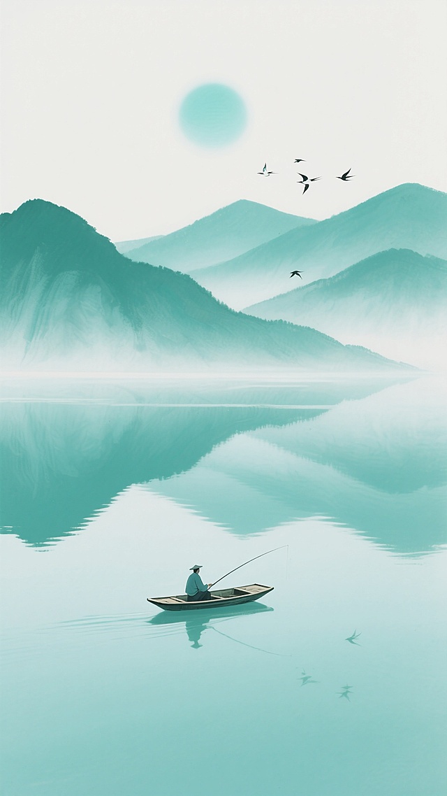 中国水墨画风格，整体色调改为青绿色系，以青色为主色调，搭配淡雅的绿色和少量白色，营造宁静清新的氛围。画面上方是一轮柔和的青色太阳，散发着淡淡的光晕。远处的山峦呈现出深浅不一的青绿色，轮廓简洁而富有层次感。近处的水面平静如镜，清晰地倒映出山峦和天空的景象，水面泛着青色的微光。一叶扁舟上坐着一位垂钓者，静静地漂浮在水面上。几只飞鸟在空中自由飞翔，增添了画面的动感。整个画面构图简洁，留白恰到好处，体现出中国传统水墨画的韵味和意境，色彩搭配清新淡雅，给人一种宁静致远的感觉。