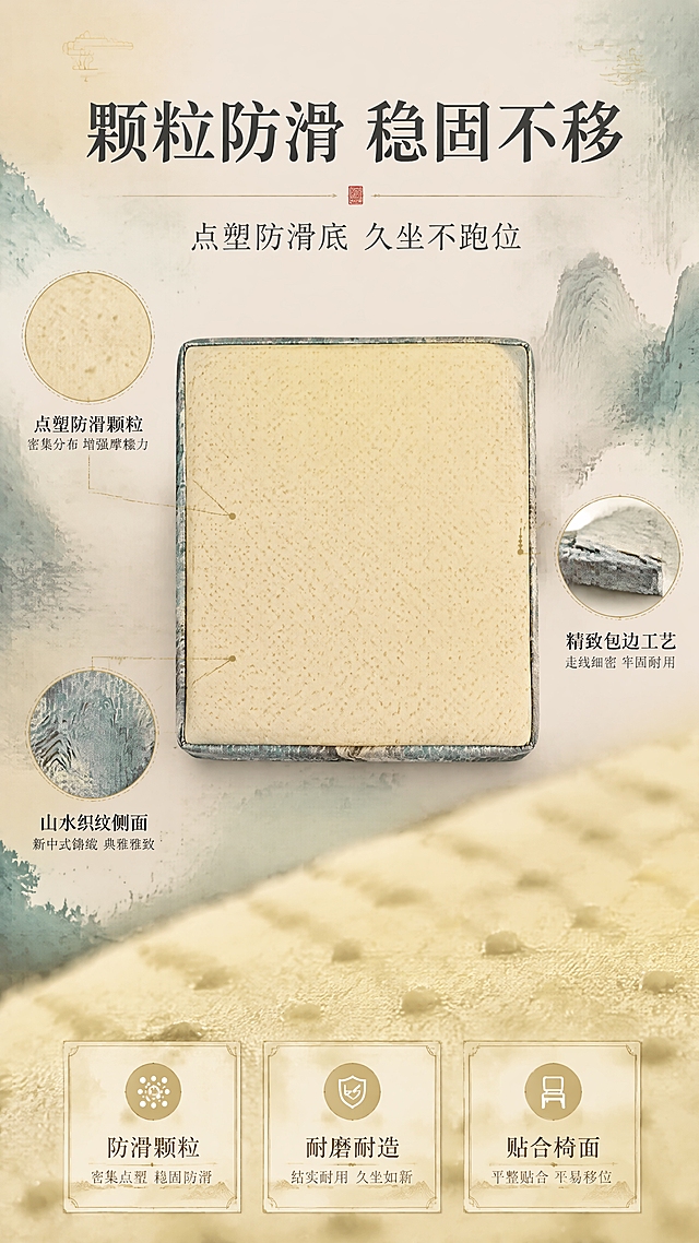 [商品] 使用【图5】新中式锦缎坐垫底部防滑面；保留米黄色防滑颗粒底、山水织纹侧面、包边、方形轮廓；增强防滑颗粒的质感与密度，展示底部全貌，不改变版型。
[画面] 目标：防滑底设计专项展示，突出稳固不移位的功能。构图：居中展示翻转的坐垫底部，产品占画面约55%，底部朝上。四周有细节放大圈，标注防滑颗粒材质。前景虚化的颗粒特写，中景清晰的底部全貌，远景暖米色宣纸纹理背景，三层景深。正俯视角。
[视觉] 套系策略：风格=新中式古风商业摄影，东方雅致美学；标题字=宋体衬线粗体，带书法笔意；正文字=纤细宋体；主色=青绿色+米杏色；背景延展=基于青绿山水做水墨晕染渐变、宣纸纹理、云雾层次；强调色=赭石金，仅用于小面积图标、引线和装饰线条；标题色=深墨色；正文色=深灰褐；组件=细线描边信息卡、水墨印章元素、山水纹样分隔线；光影=左前侧柔和自然光，带暖调，营造温润雅致氛围。
[文字] 上方主标题「颗粒防滑 稳固不移」，副标题「点塑防滑底 久坐不跑位」，下方3个功能卖点：防滑颗粒 | 耐磨耐造 | 贴合椅面。配2-3个放大标注圈指向防滑颗粒细节。文字全部横向排版，位于画面上下留白处。
[规格] 图片比例9:16竖版，4K分辨率，负向提示：避免变形、错字、文字过小、底部材质失真、颗粒模糊、颜色偏差、塑料感。
