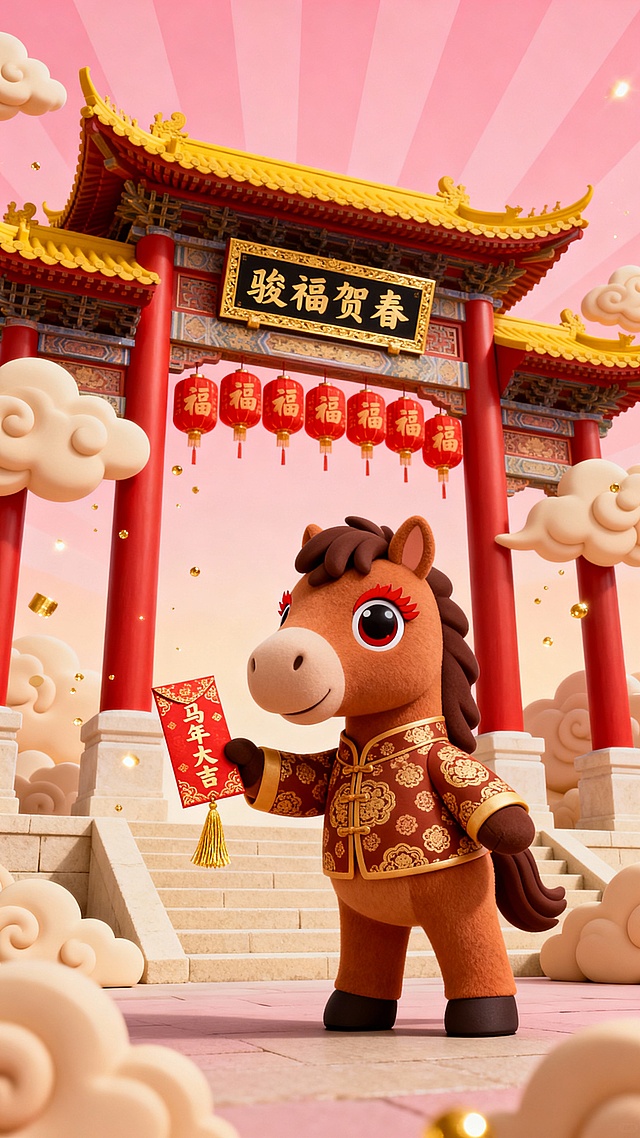 微仰视视角，暖粉色调场景，柔和全局光照搭配暖粉放射状渐变光效，四柱三楼式中式牌楼，红漆立柱黄瓦翘角，顶层檐下悬挂 “骏福贺春” 金边黑底金字牌匾。牌楼横梁挂长串红色福字灯笼，周围环绕暖米色立体祥云，祥云间飘金色光粒。画面中央是占比 30% 的 Q 版蒙古马卡通 IP，赭棕毛色配深棕鬃毛，巨眼配红色睫毛，侧身拱手递红包（前爪捧红底金纹红包，后腿站直歪头），身着赭底金纹团花唐装，红包印 “马年大吉”。牌楼底部米色石阶，背景暖粉放射渐变，红包点缀金色流苏，马的体型偏敦实可爱，贴合品种特质。