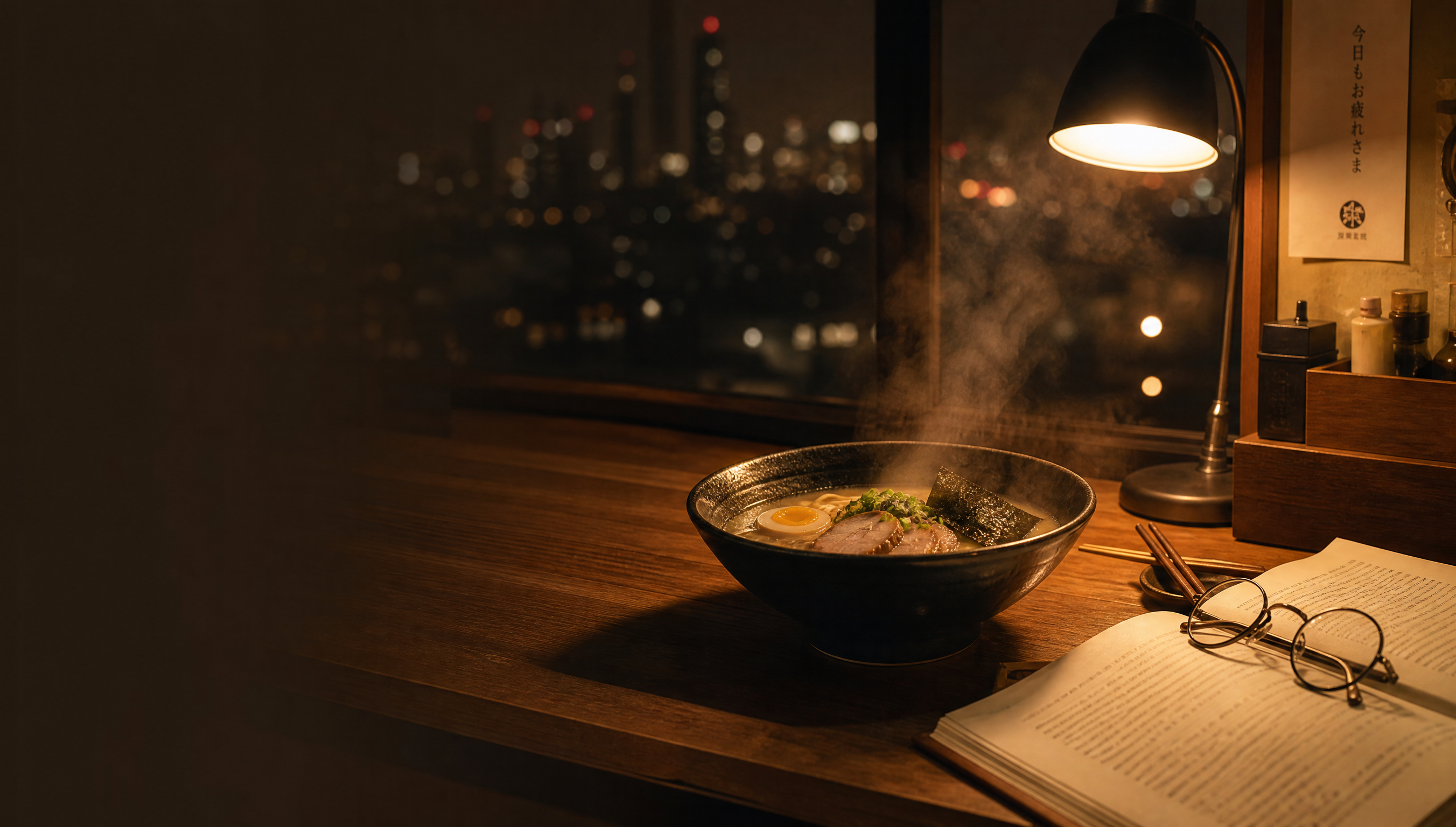 深夜食堂治愈风开学季餐饮海报，横版16:9。暖光氛围，木质吧台… - 图片创意预览