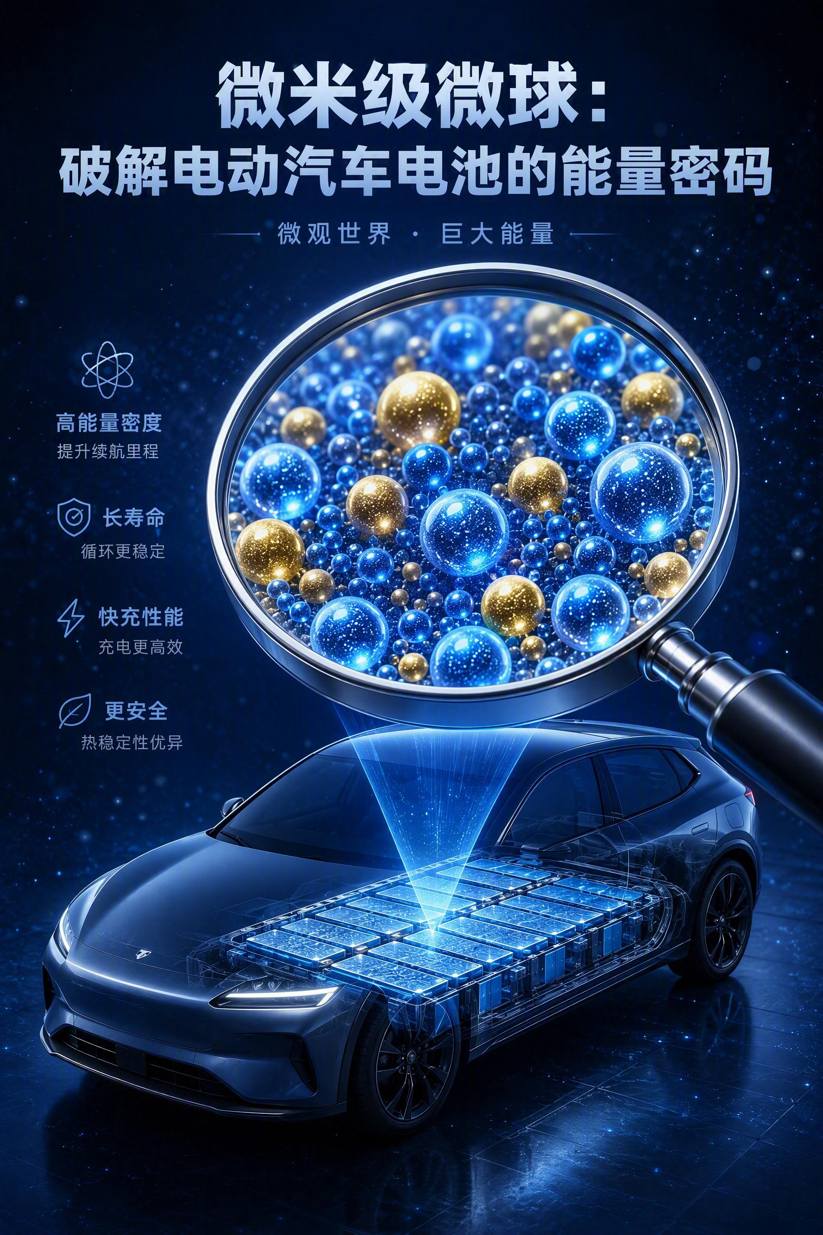创意科普封面图，一辆现代电动汽车停在画面中央，一个巨大的放大镜… - 图片创意预览