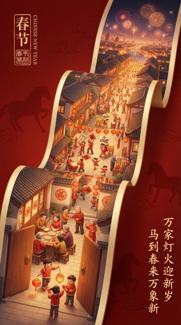 绢本手卷形式的中式长卷画面，采用 Maya 三维制作，卷轴自左向右缓缓展开，呈现一幅马年春节夜晚的市井生活全景图。

卷面主体不再局限于室内，而是由内向外延展：前景为中式院落与街巷，红木门窗半掩，室内预览效果