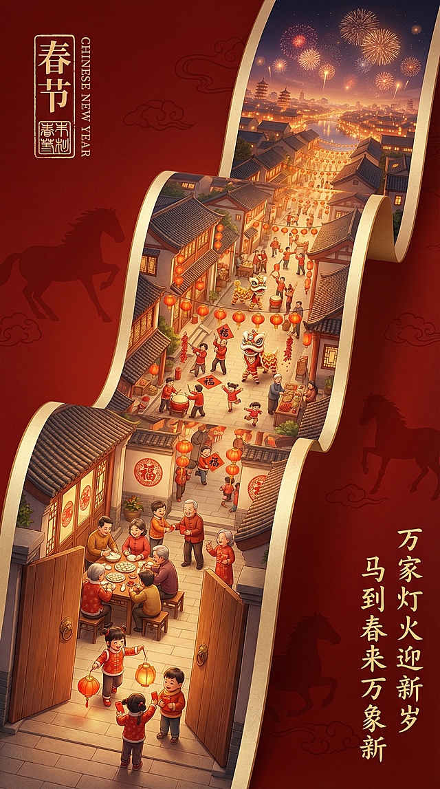 国潮风插画，融合剪纸与浮雕质感，微缩艺术呈现春节万家灯火，喜庆祥和，中式古典氛围浓厚，传递新春团圆之美。