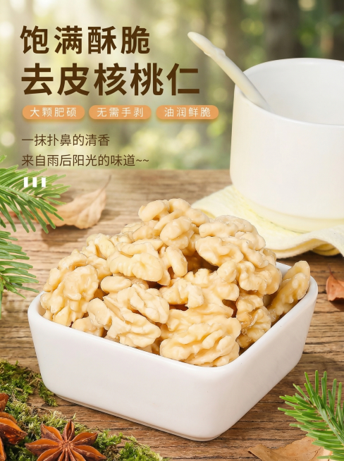 参考这张图片，生成一张类似的去皮核桃仁产品宣传图，换一个真实且风格不同的全新背景，不要和原图黄色背景相似，保留排版结构、所有文案内容、装饰元素和产品摆盘，核桃仁保持奶白色，整体尺寸750x1000预览效果