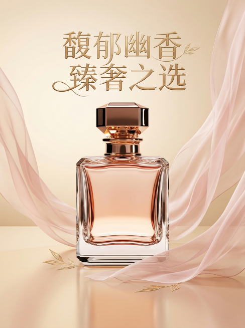 以这瓶香水为主体设计轻奢风宣传海报，背景为香槟色柔光渐变，搭配优雅飘逸的浅粉色纱幔装饰，画面整体高级有质感，添加艺术字体的标题文字"馥郁幽香 臻奢之选"，整体排版简洁大气，突出香水的精致质感。预览效果