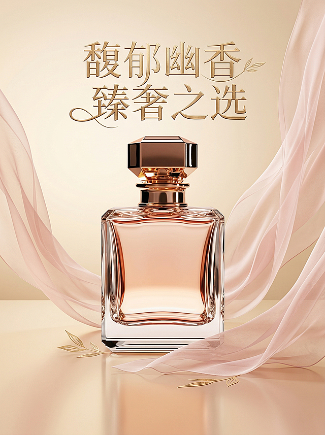 以这瓶香水为主体设计轻奢风宣传海报，背景为香槟色柔光渐变，搭配优雅飘逸的浅粉色纱幔装饰，画面整体高级有质感，添加艺术字体的标题文字"馥郁幽香 臻奢之选"，整体排版简洁大气，突出香水的精致质感。