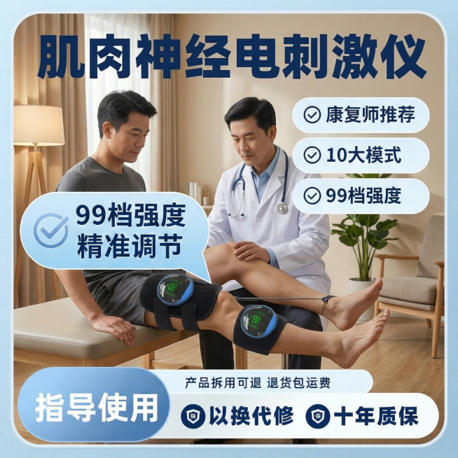 保持原图中两个黑色肌肉神经电刺激仪产品外观完全不变，使用第四种不同的腿部肢体康复动作，更换背景为温馨康复门诊诊室，保留原卖点文字内容不变：肌肉神经电刺激仪 康复师推荐 10大模式 99档强度 99档强预览效果