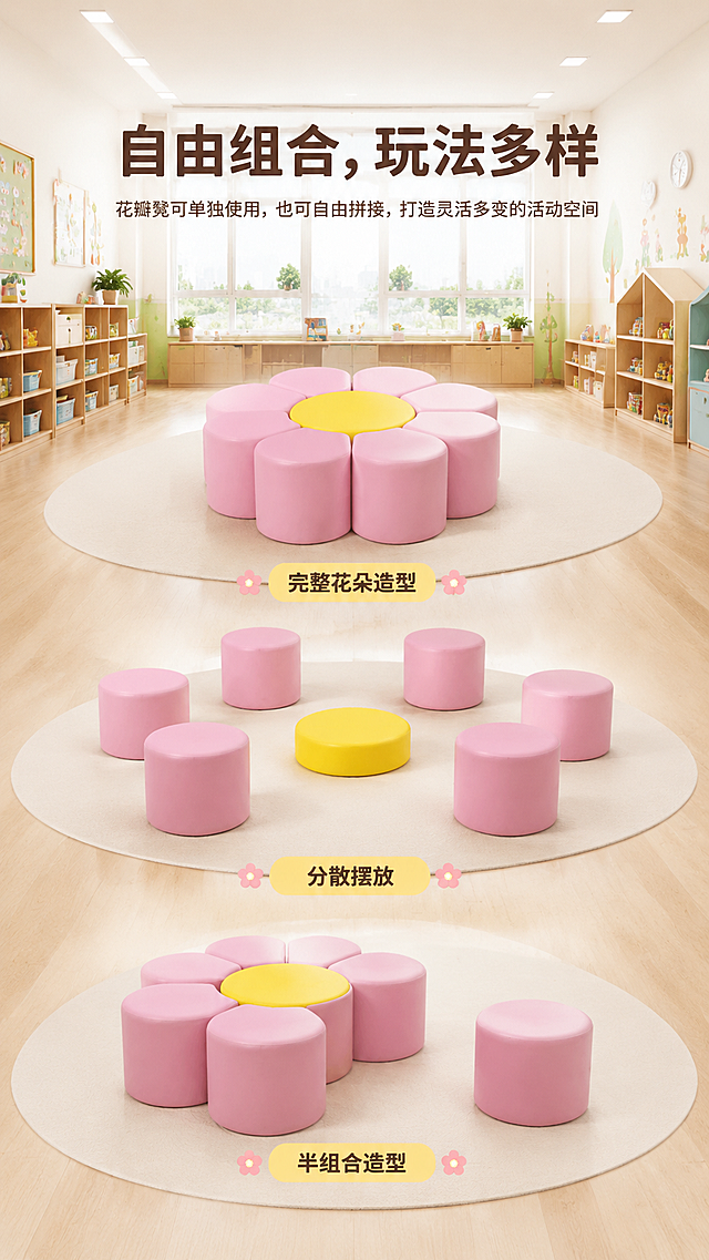 生成花瓣凳的电商宣传图，画面展示花瓣凳的三种不同组合方式：完整花朵造型、分散摆放、半组合造型，背景为宽敞明亮的幼儿园教室，整体对称构图，色调明亮清新，添加文案：主文案"自由组合，玩法多样"居中放大，字体为思源黑体加粗，颜色为深棕色（#5D4037），字号48px；副文案"花瓣凳可单独使用，也可自由拼接，打造灵活多变的活动空间"在主文案下方，字体为思源黑体常规，颜色为暖灰色（#8D6E63），字号24px，整体居中对齐，高清8K分辨率，各组合状态下的产品细节清晰，无噪点