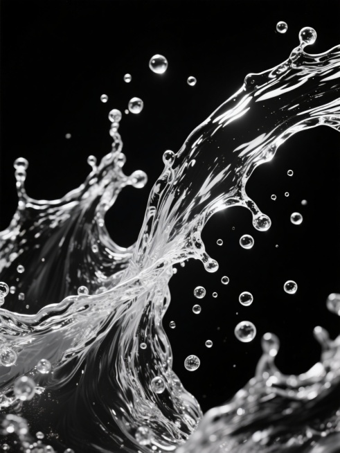 在纯黑色背景上，以高度写实的摄影风格呈现动态飞溅的水渍元素，水花形态变换为多股交织的流线型浪花，大小不一的透明水泡与水滴分布其间，展现出清晰的液体张力与光影折射效果，高光部分明亮锐利，阴影过渡自然，整体构图富有动感与层次感，保持黑白对比的视觉冲击力。预览效果