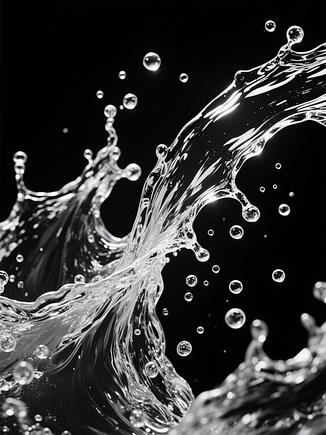 在纯黑色背景上，以高度写实的摄影风格呈现动态飞溅的水渍元素，水花形态变换为多股交织的流线型浪花，大小不一的透明水泡与水滴分布其间，展现出清晰的液体张力与光影折射效果，高光部分明亮锐利，阴影过渡自然，整体构图富有动感与层次感，保持黑白对比的视觉冲击力。
