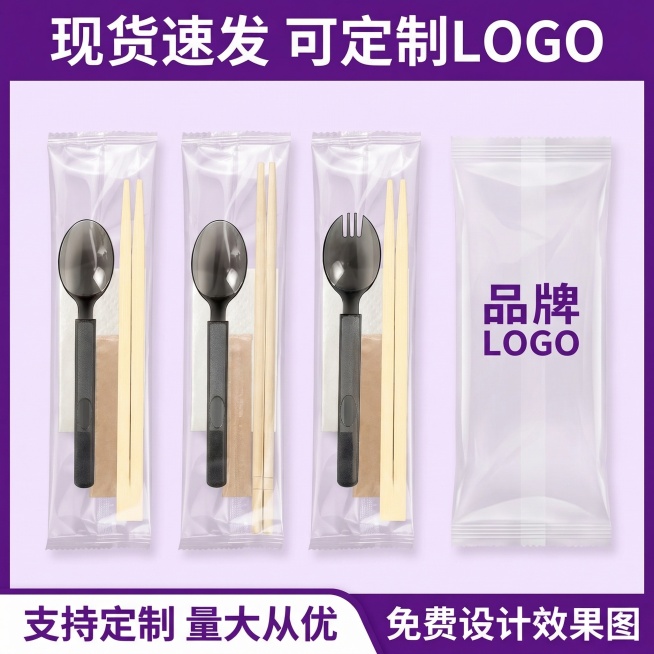 一次性筷子四件套电商主图，1:1比例。顶部核心信息区主标题为“现货速发 可定制LOGO”，紫色粗体字。中部商品展示区居中放置上传的一次性筷子四件套产品，旁边放着一个印刷有品牌LOGO的包装袋样品，背景预览效果